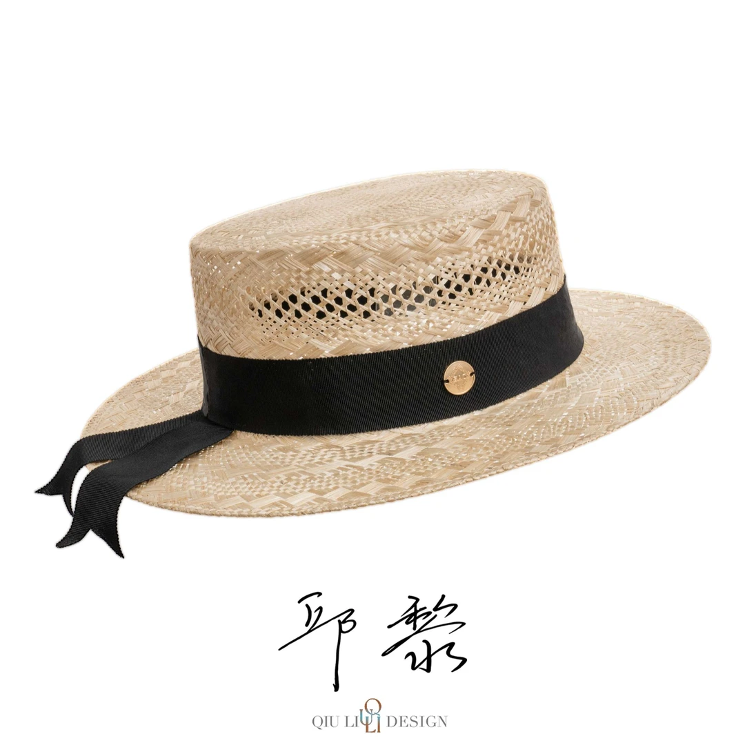 春夏遮阳防晒黑色织带麻手工编织礼帽草帽. 1c843