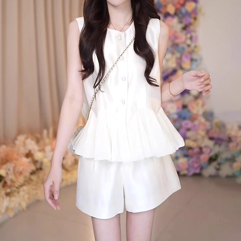 巨好看的夏装一整套时尚小香风荷叶边减龄无袖上衣短裤两件套装女