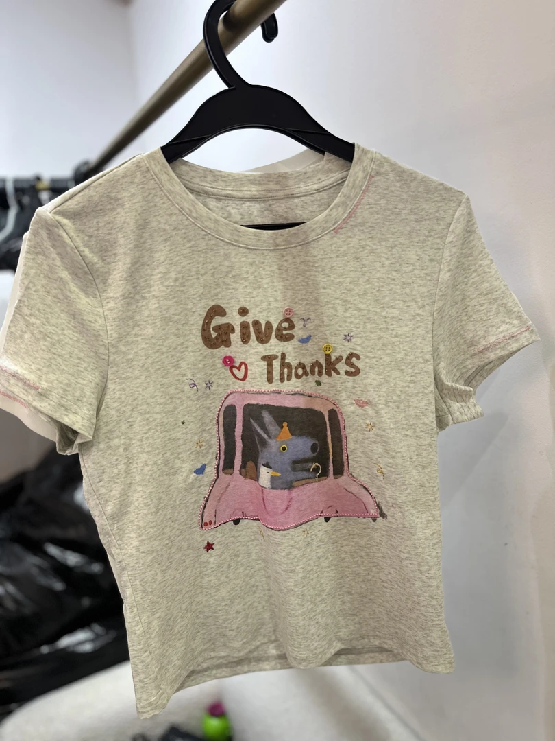 夏季短板时尚百搭印花大灰狼短版T