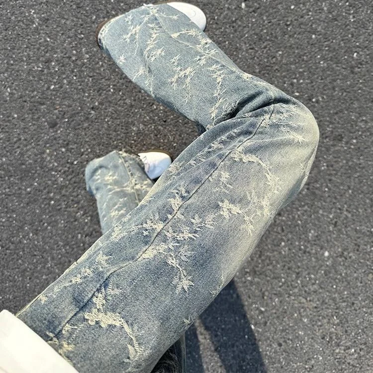 范哲萨cleanfit荆棘提花牛仔裤美式高街vibe裤子男女水洗直筒微喇