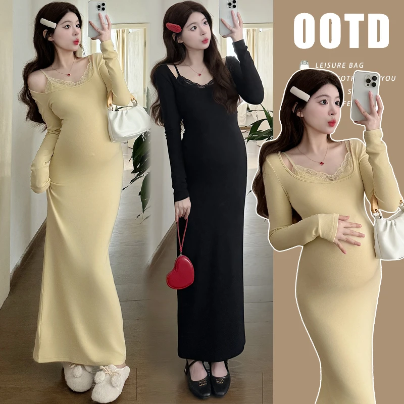 孕妇连衣裙秋冬时尚长款C位孕妈长裙打底内搭两件套裙百搭外穿