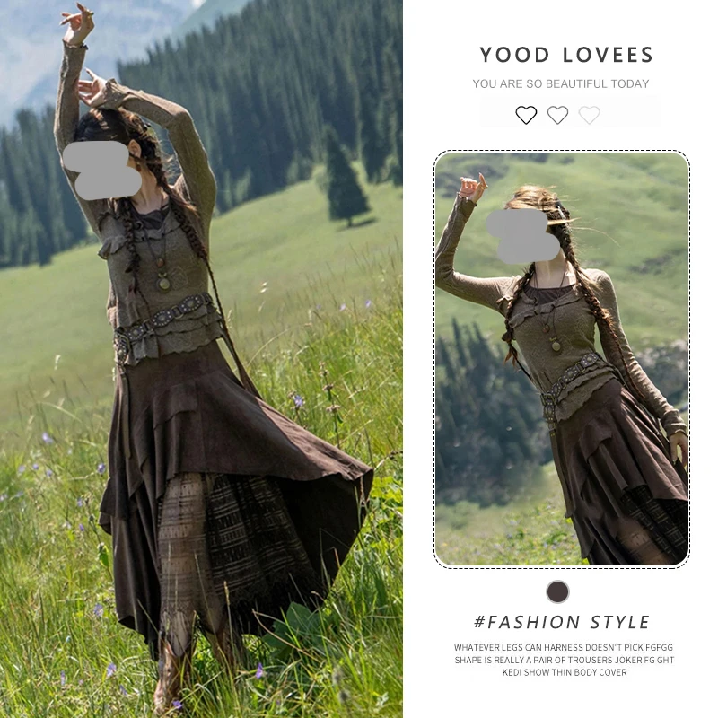 法式复古套装女夏季新款不规则荷叶边针织衫搭配拼接半身裙两件套