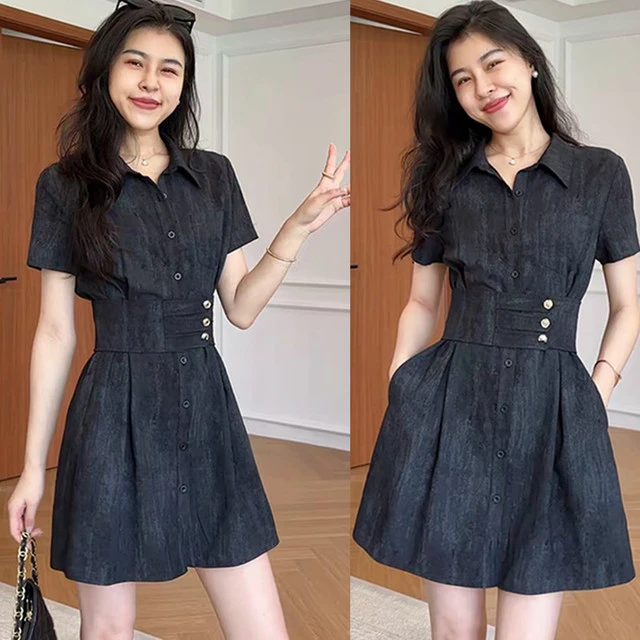 夏季流行漂亮短袖洋装女法式气质翻领牛筋收腰显瘦遮肉A字短裙