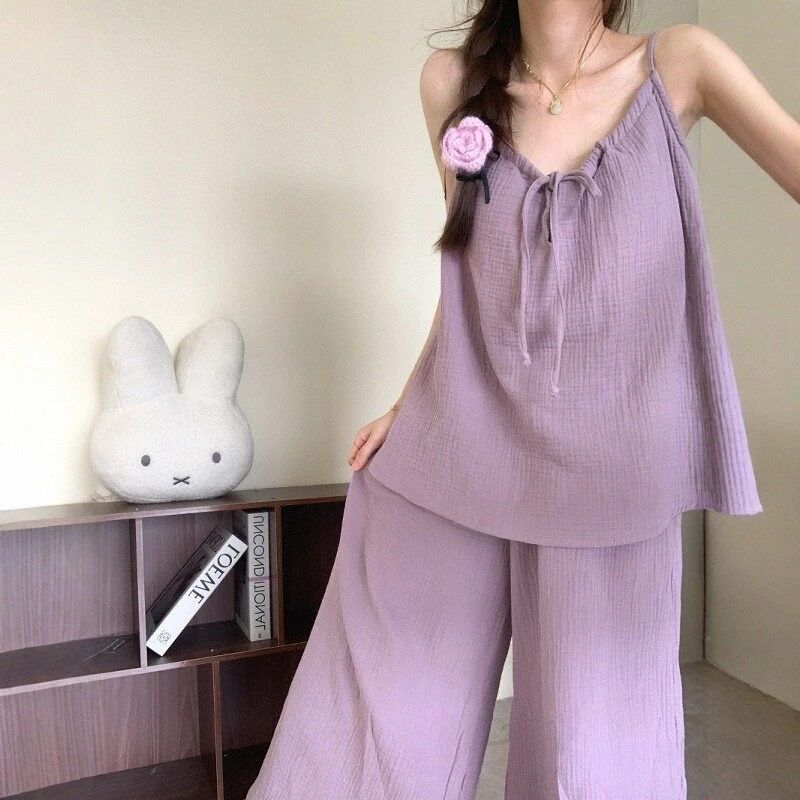 复古甜美紫色大码棉纱睡衣女款吊带长裤家居服2025新款夏带胸垫