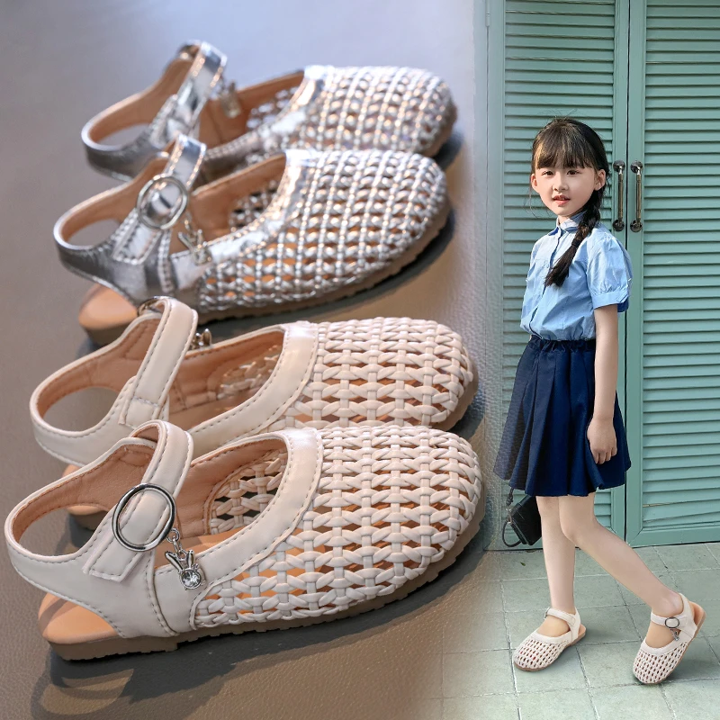 女童编织凉鞋夏季新款2025女宝镂空透气软底休闲儿童公主包头凉鞋