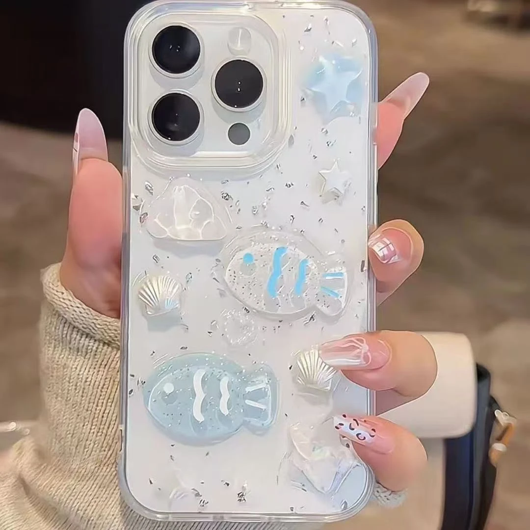 【皮卡】海洋小鱼手机壳立体贝壳苹果系列适用于iPhone16/15/14/13