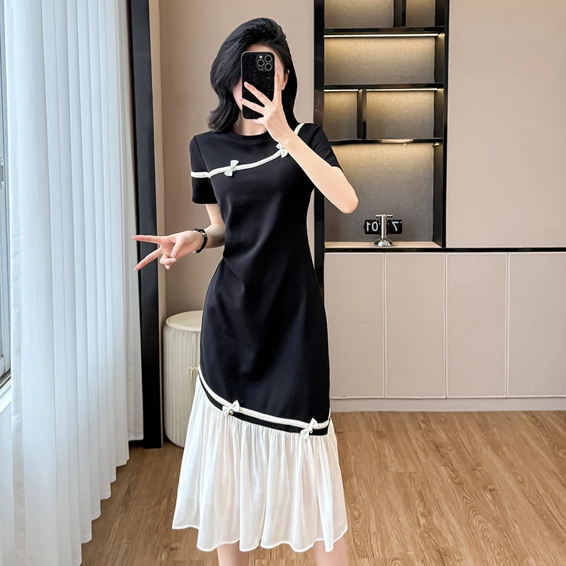 2025连衣裙撞色系带收腰遮肉显瘦设计感中长款大码连衣裙女夏