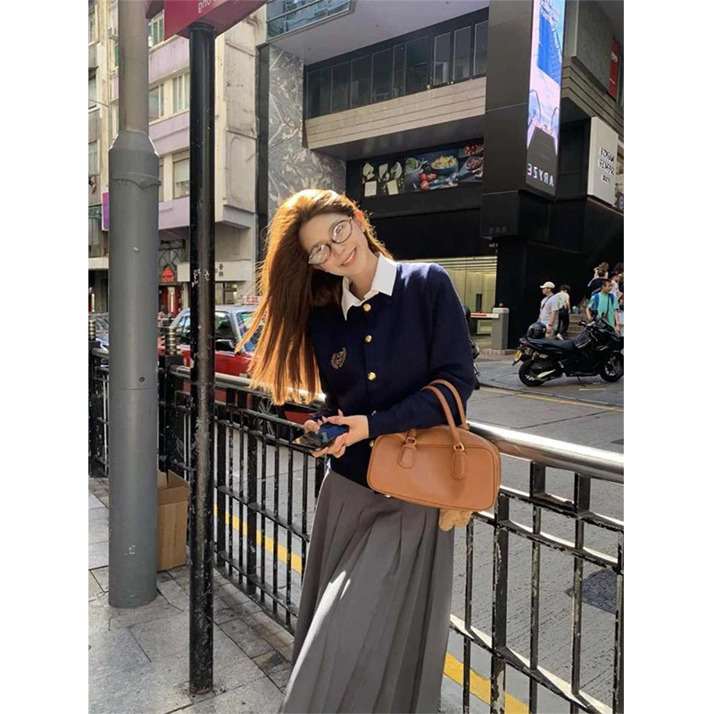 秋季套装女新款学院风减龄针织毛衣内搭衬衫百褶半身裙大码三件套