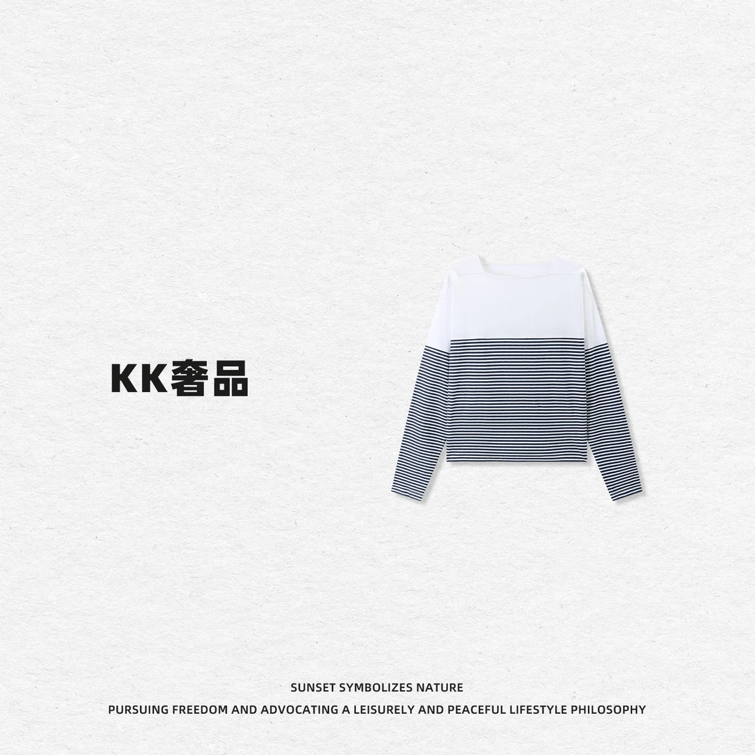 KK【微风过境】2520551新款慵懒系上衣条纹拼接休闲百搭T恤