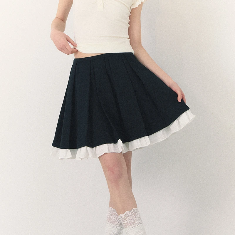 罐头士多所 学院风撞色荷叶边百褶半身裙