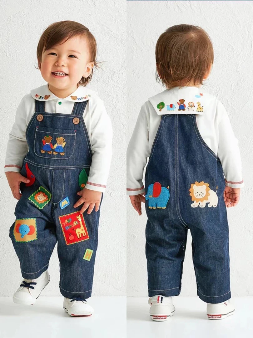 春秋新款Miki背带牛仔长裤男女童儿童卡通多标动物刺绣可爱背带裤