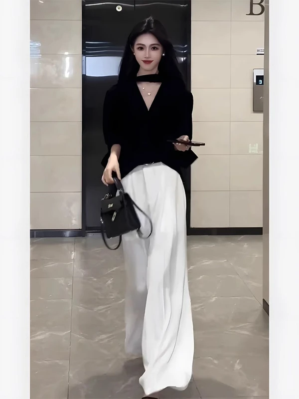 气质穿搭一整套高级感2025超火夏装时尚简约黑色上衣阔腿裤两件套