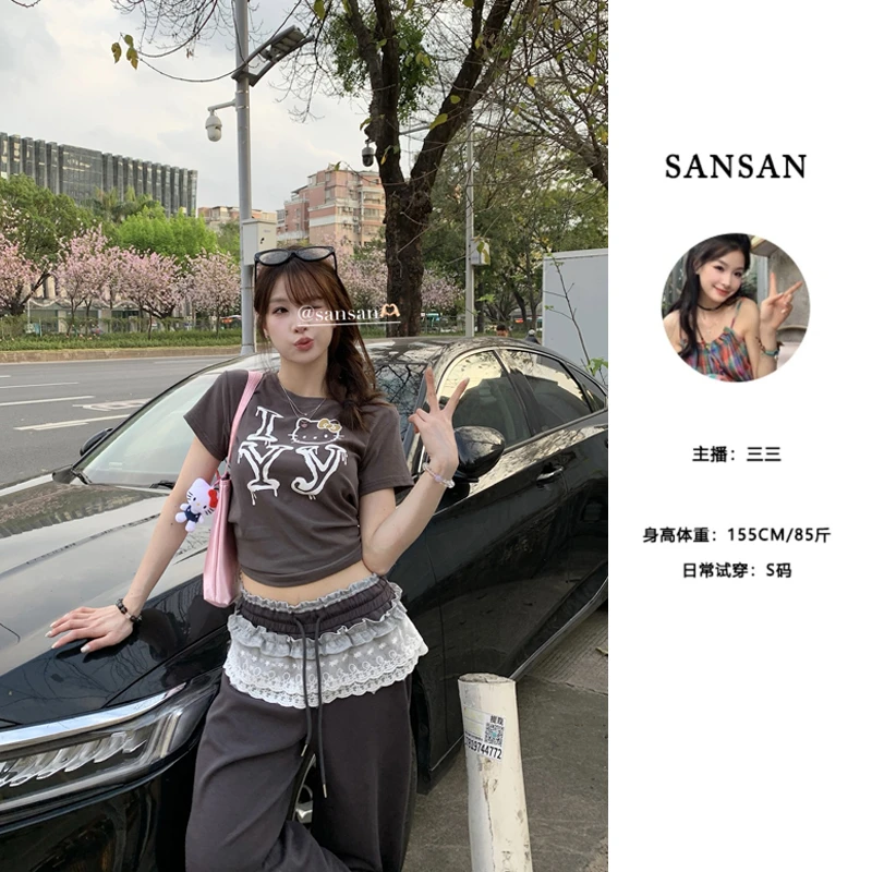 【三三】（kt半糖）美式复古字母kitty猫印花短袖t恤春款百搭短款上衣
