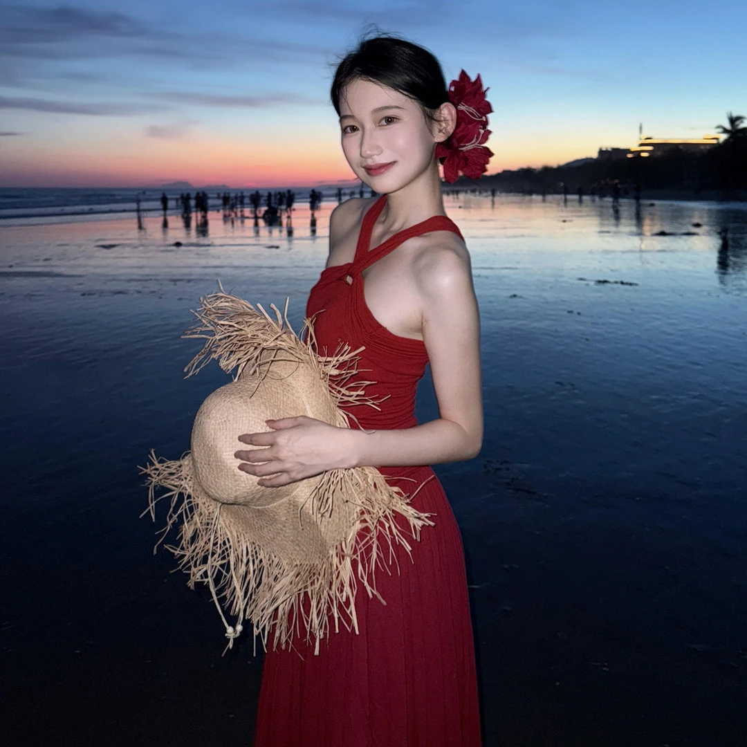 法式红色挂脖吊带连衣裙子女夏季小个子纯欲慵懒风女装气质长裙