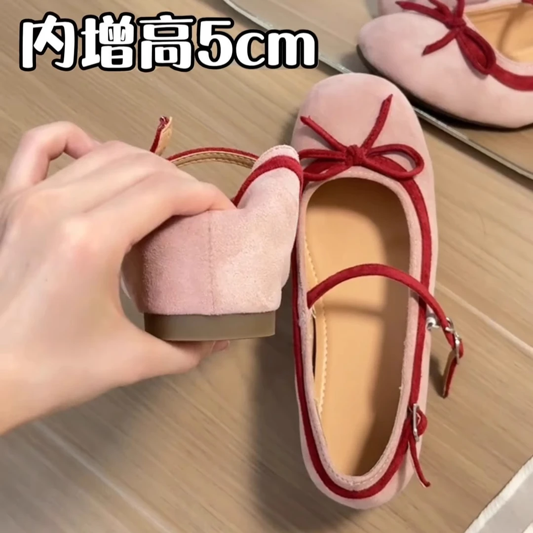 羊皮版~内增高新款厚底芭蕾舞鞋女蝴蝶结高跟玛丽珍单鞋坡跟瓢鞋