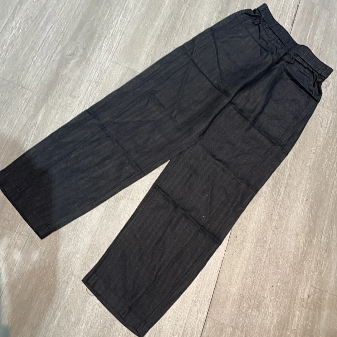 松紧腰休闲纹理直筒亚麻裤-果梓244