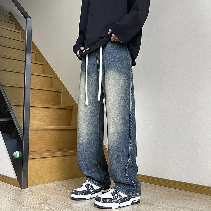 秋季美式宽松复古拖地牛仔裤oversize水洗做旧青少年男士直筒显瘦