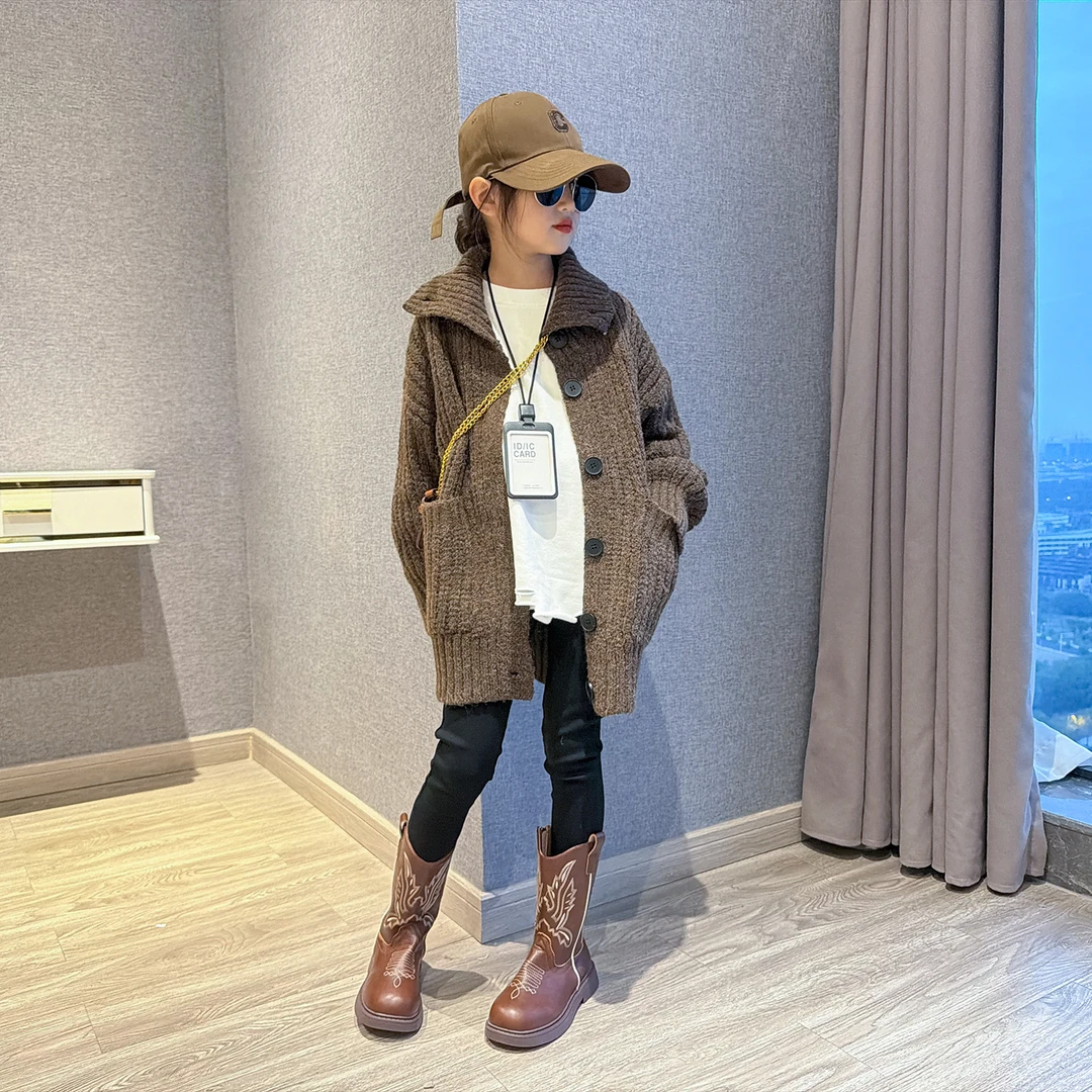 女童韩系复古慵懒风开衫毛衣冬季2025新款大童加厚针织衫外套冬装