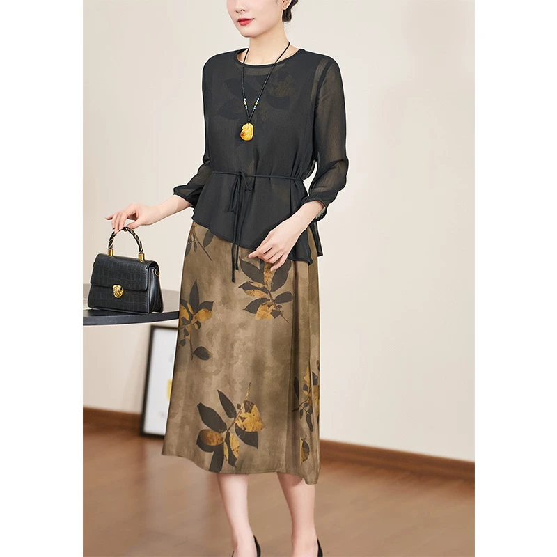 【真两件】迪欧芙2025夏季新款上档次黑色七分袖女连衣裙#XTZ18172