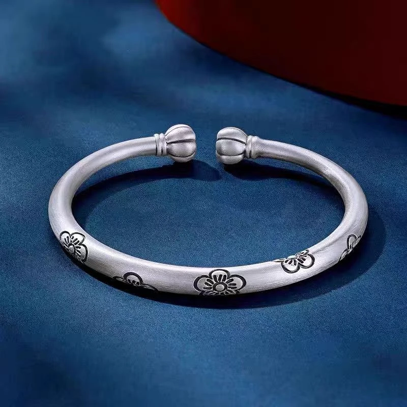 足银手镯 足银磨砂樱花南瓜头手镯  实心时尚开口可调节