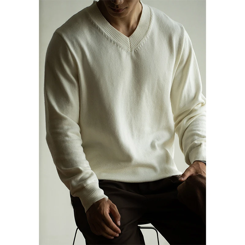 莱赛尔绵羊毛混纺亲肤V领针织衫男士2025秋季透气休闲打底长袖T恤