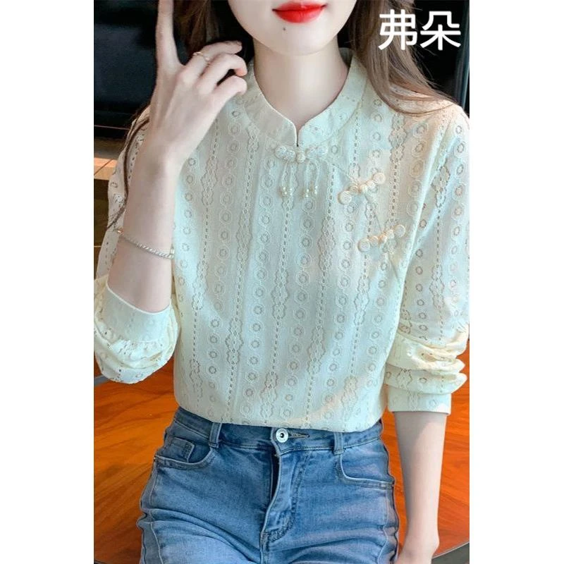秋冬季2025年新款女装镂空新中式旗袍立领蕾丝打底衫加绒加厚上衣
