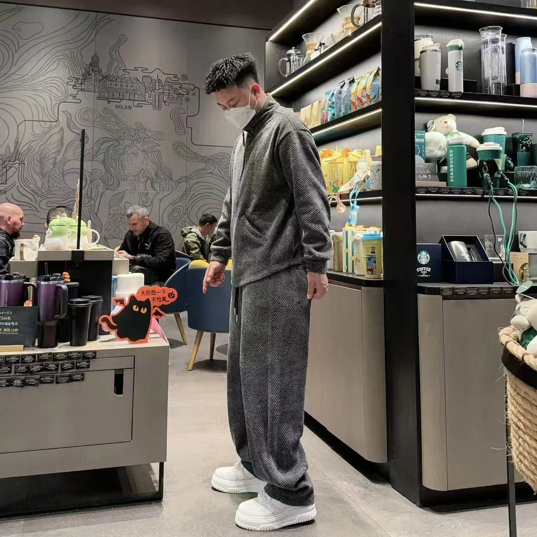 xy-13030-13031冬季款加绒加厚宽松休闲直筒裤星空感斜纹休闲套装