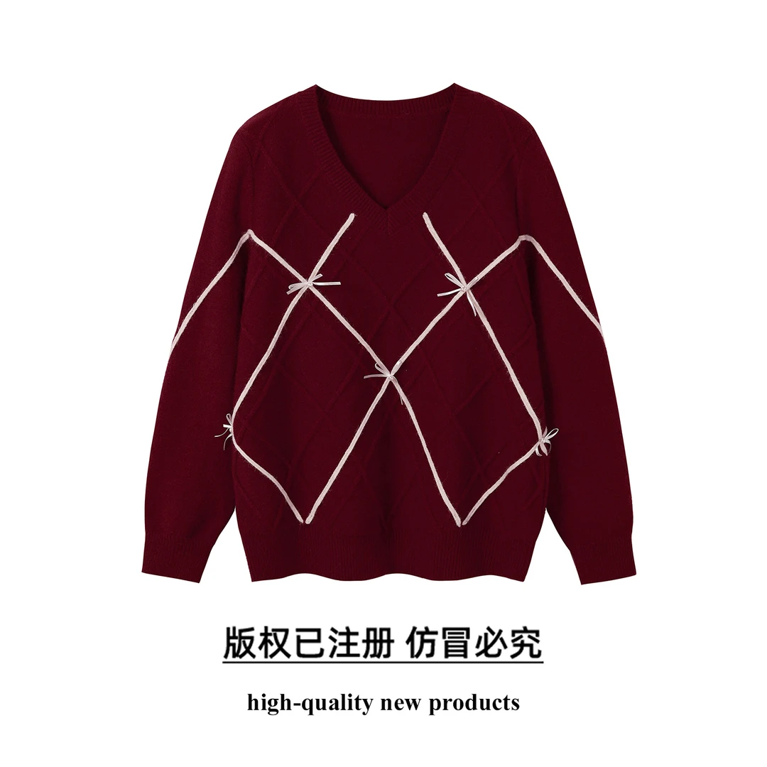 奢姿大码女装2025秋季时尚撞色V领针织衫胖妹妹气质菱形纹理上衣
