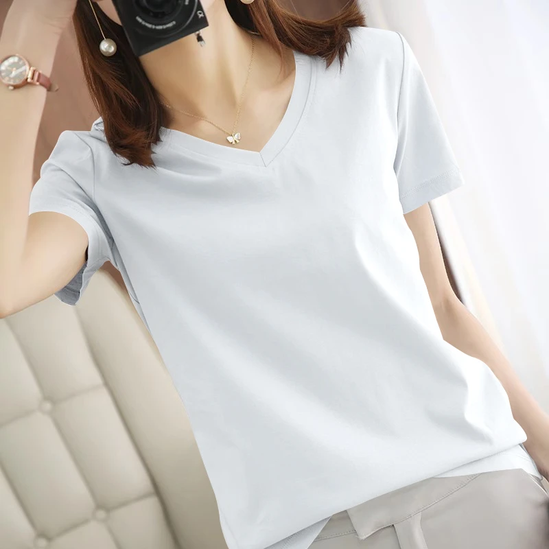 新款白色V领宽松短袖T恤女莫代尔正肩设计冰丝软弹T恤夏季打底衫