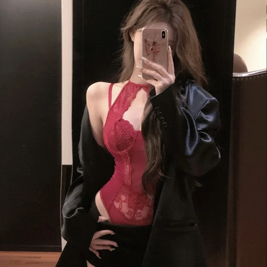 性感纯欲鱼骨辣妹背心连体衣女显瘦收腰法式蕾丝美背挂脖修身吊带