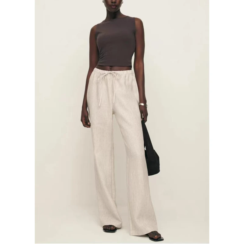 （细条纹休闲裤）早春款法式简约清爽舒适宽松松紧腰直筒裤D