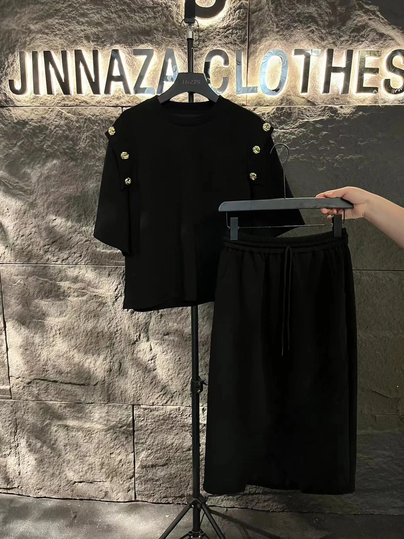 【原创大码设计师款】高级感金属扣上衣+不规则半裙套装4651