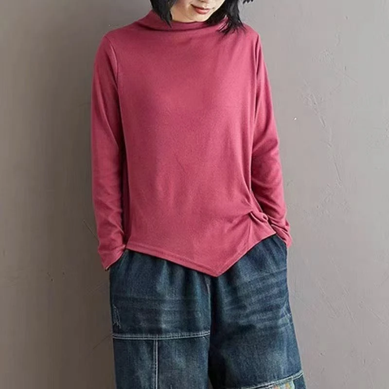 秋冬新款简约百搭休闲棉T恤女宽松显瘦不规则高领长袖打底衫