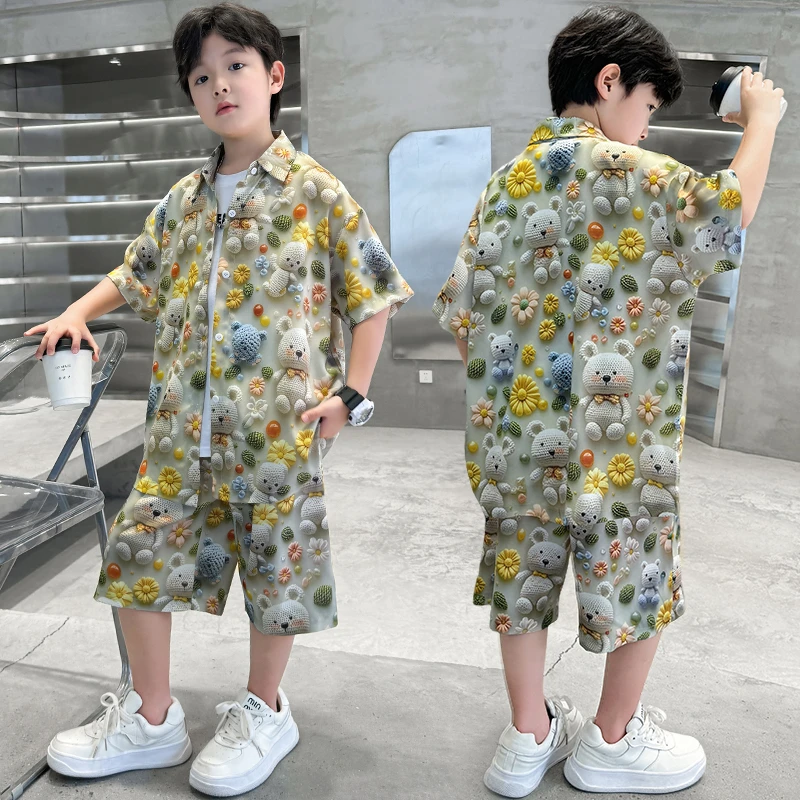 男童夏装套装2025新款洋气时尚中大童儿童夏季短袖衬衫两件套帅气