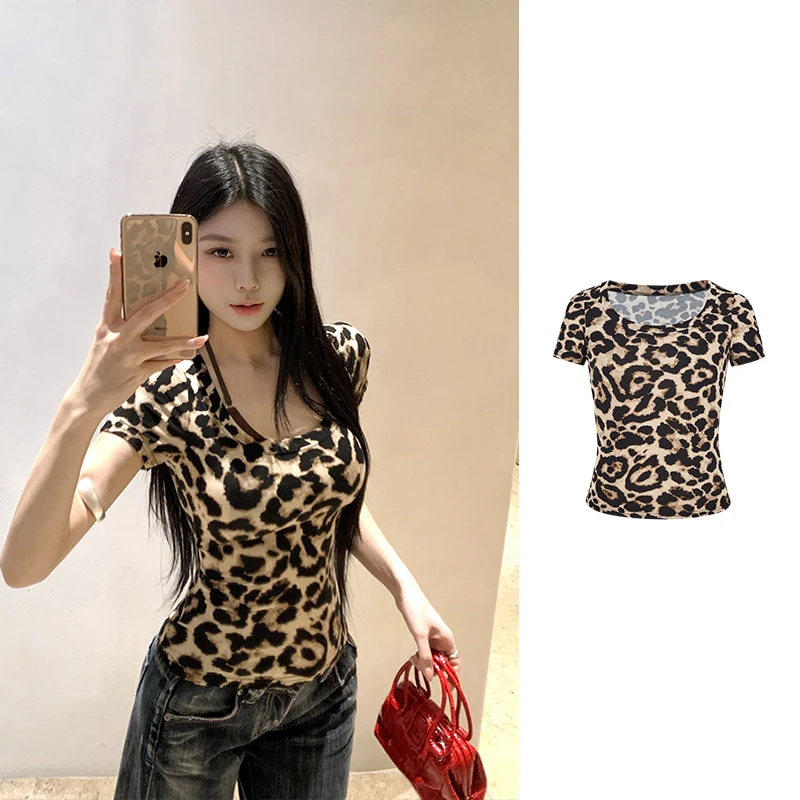 Moses Queen/魔西女王美式时尚豹纹收腰修身显瘦设计感短袖上衣