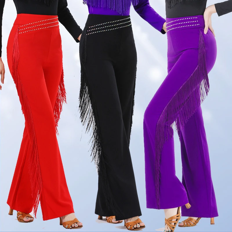 流苏拉丁舞裤女成人演出服摩登舞弹力直筒长裤