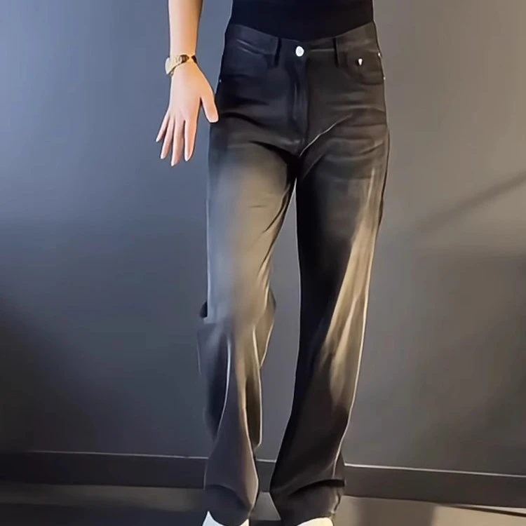 秋冬新款高档大码男士阔腿黑色牛仔裤天丝男裤宽松拖地直筒长裤男