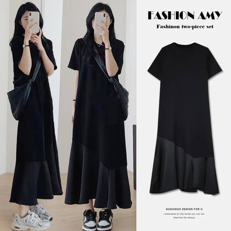 赫本风孕妇连衣裙夏装新款设计感短袖上衣夏天休闲显瘦黑色鱼尾裙