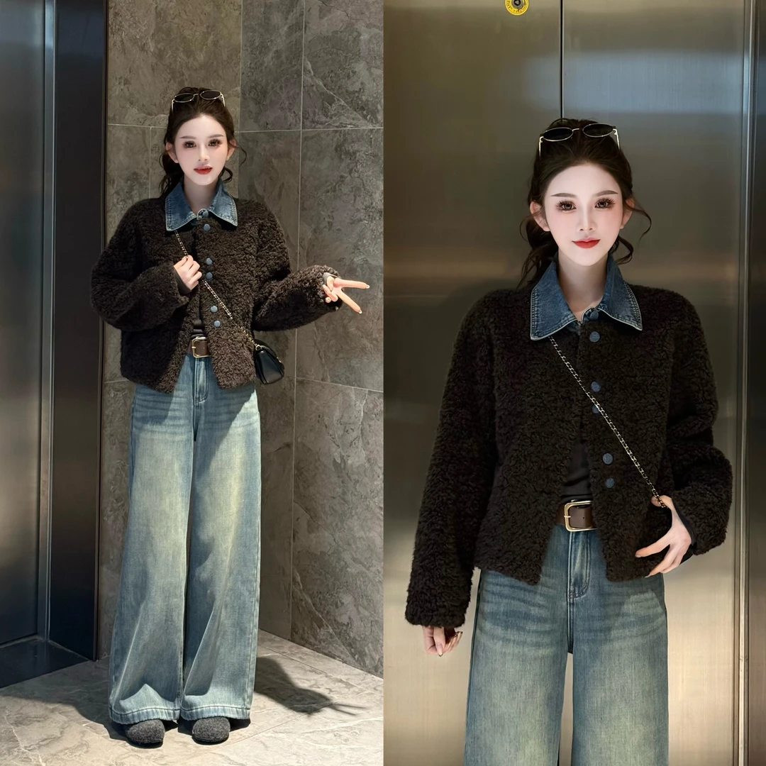 首尔画报~复古做旧牛仔领拼接外套女秋冬宽松显瘦毛毛上衣