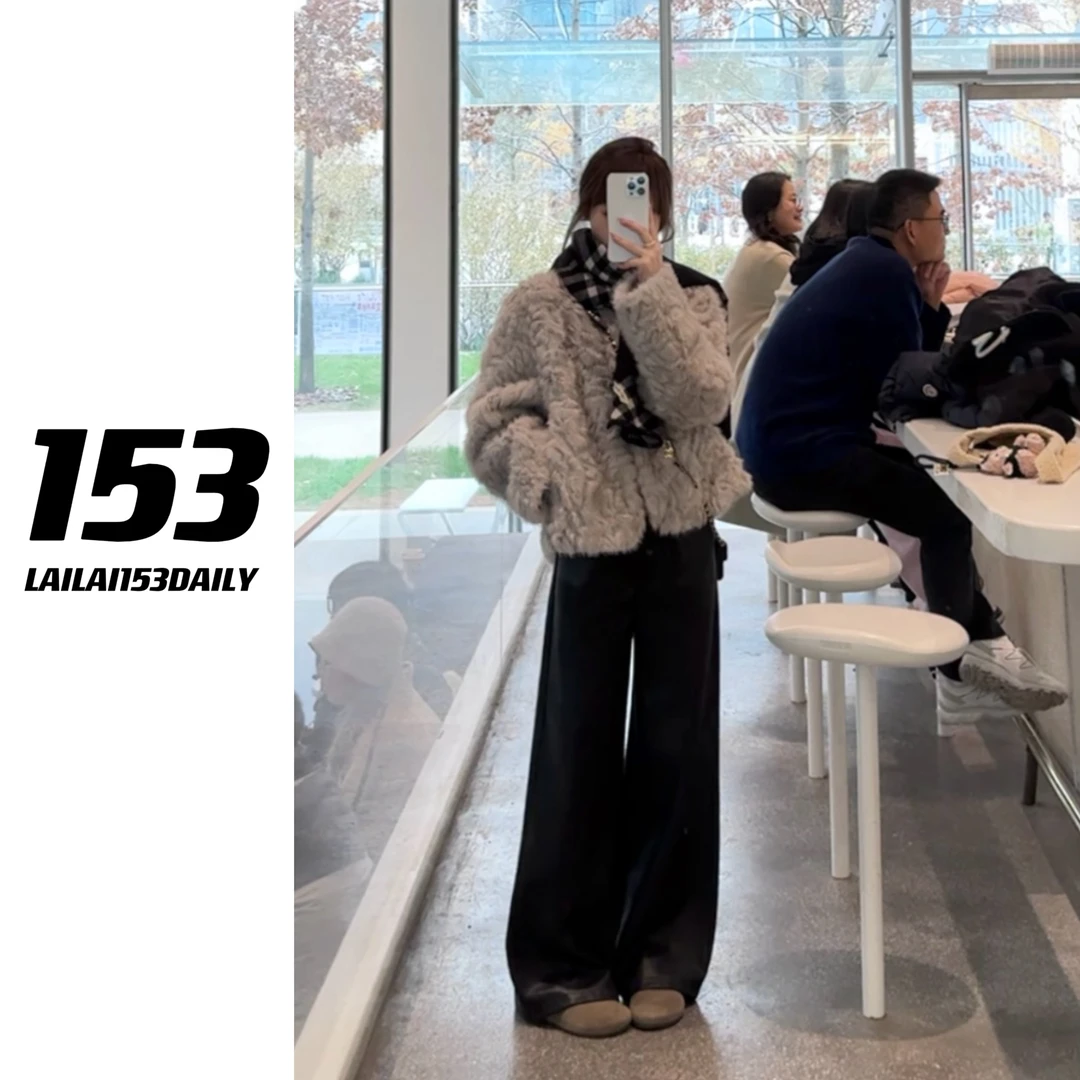 【153的日常】小个子抽绳皮裤显瘦直筒百搭秋冬季垂感时尚款24QK292