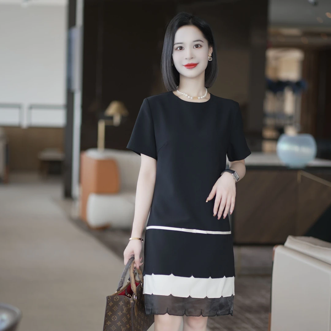 罗美拉 夏季新款高级感法式简约圆领撞色显瘦连衣裙#512