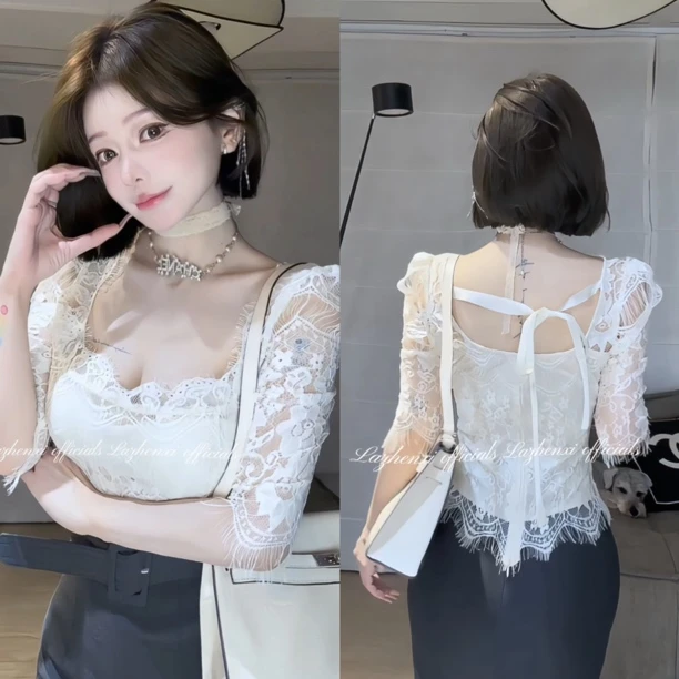 希野逸儿【求婚女主】韩系方领蕾丝系带气质性感上衣轻熟风夏季新款