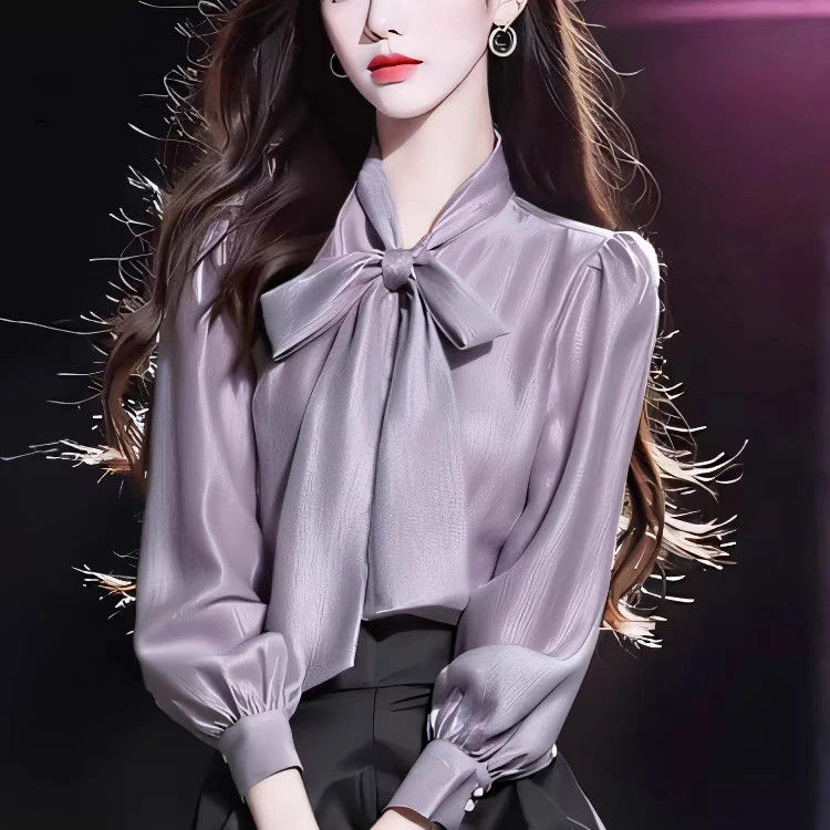 2025法式别致蝴蝶结飘带长袖衬衫女春秋装新款小香风气质上衣