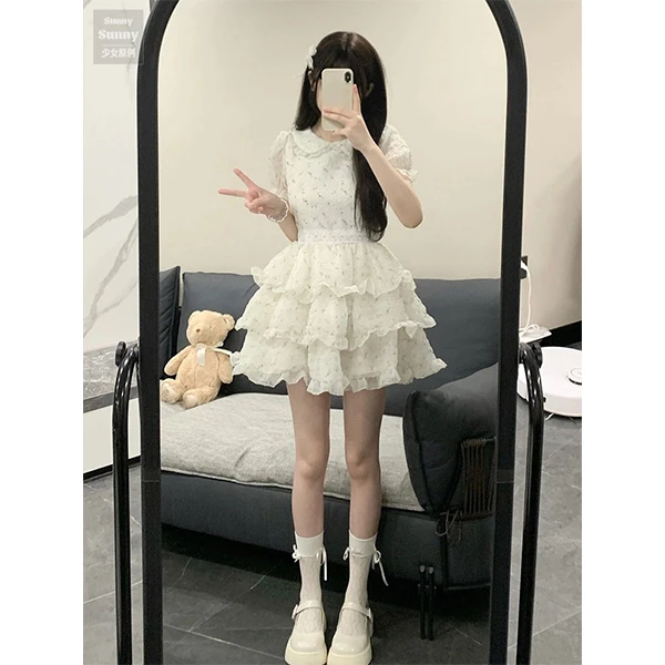 1092夏季新款小个子穿搭碎花连衣裙设计感泡泡袖收腰蓬蓬蛋糕裙女