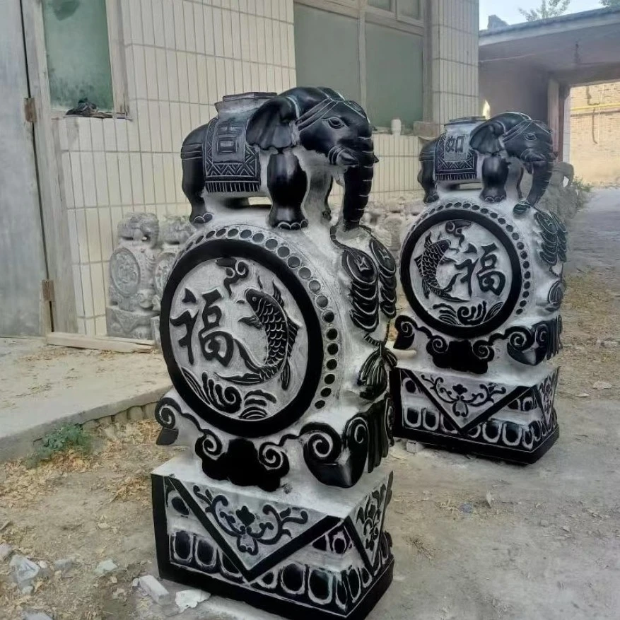 石雕门墩抱鼓石一对青石仿古小象麒麟貔貅石鼓摆件