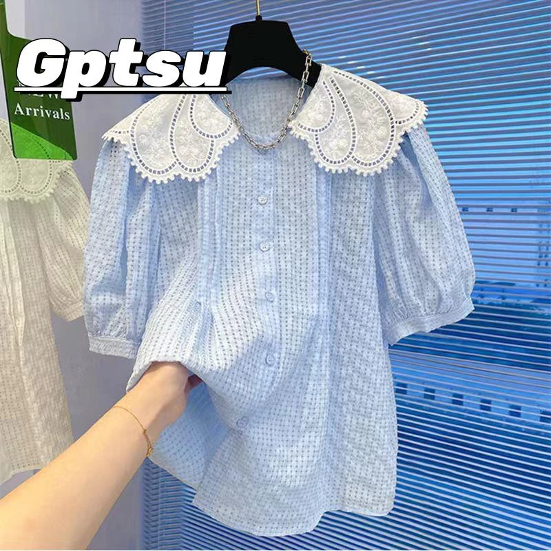 GPTSu胖MM特大码300斤格子泡泡袖娃娃领短袖衬衫女宽松显瘦上衣潮