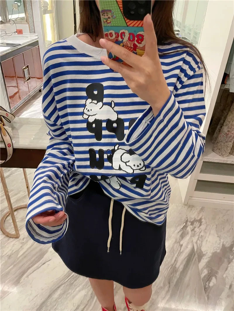 特 韩国东大门春秋蓝白色条纹卡通小狗狗百搭长袖T恤防晒女薄款