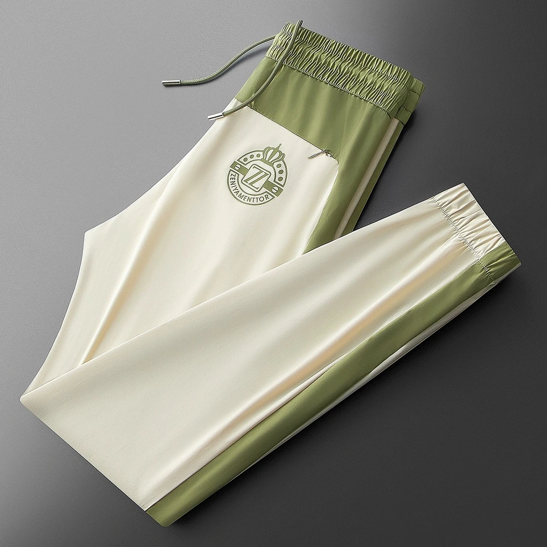 高端休闲裤男士夏季时尚潮流个性撞色拼接小脚冰丝速干薄运动卫裤