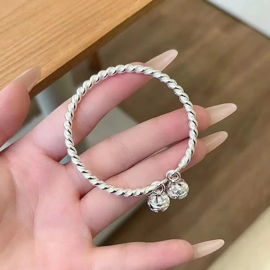 足银手镯 足银999.9麻花双宫铃铛对珠开口镯时尚百搭可调节古风
