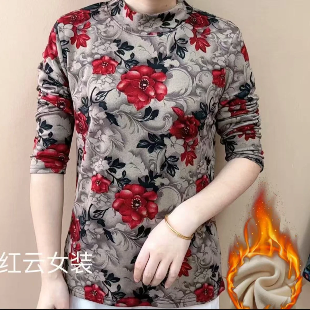 2025秋冬季半高领印花打底衫加绒加厚妈妈装洋气高弹力长袖上衣